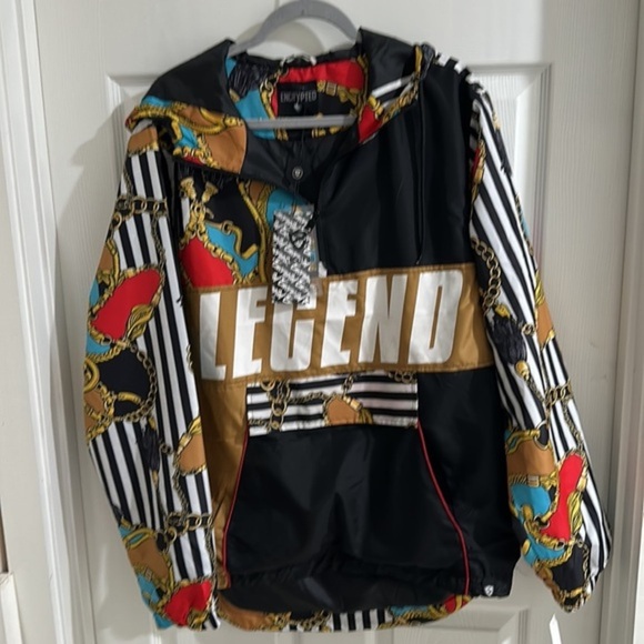 Encrypted LEGEND pullover Hoodie multicolor unisex size  L logo front & sleeve - Picture 1 of 5